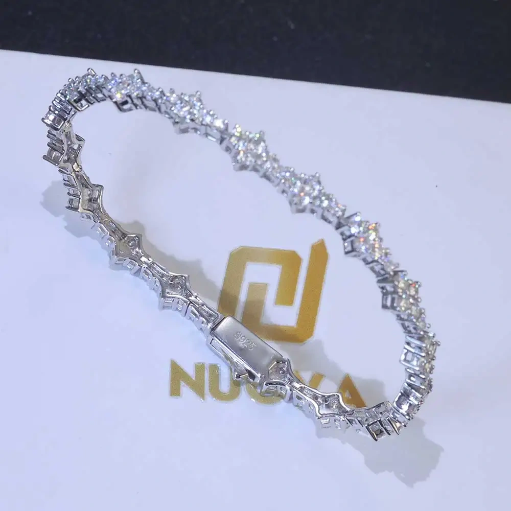 Hiphop Jewelry Iced Out VVS Diamond Flower Shape Tennis Chain 925 Sterling Silver Moissanite Tennis Chain Women's Bracelet