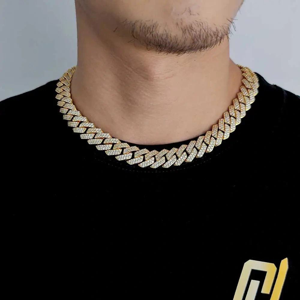 Hip Hop Jewelry 15MM Double-Row Iced Out Chain Necklaces Women 18K Gold/White Gold Plating Miami Prong Cuban Chain Necklace
