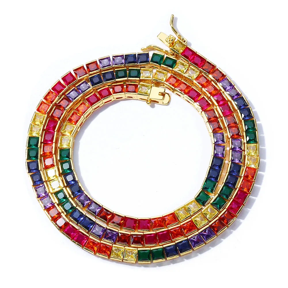 Fashion Jewelry Ice Out Rainbow Bracelet Brass Square 4mm 18K Gold Plated Colorful Cubic Zirconia Diamond Tennis Bracelet