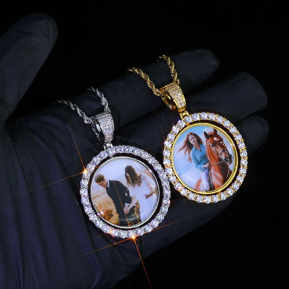 Custom Photo Necklace For Men Rotating Double-Sided Medallions Spinning Pendant Bling Iced Out Hip Hop Jewelry
