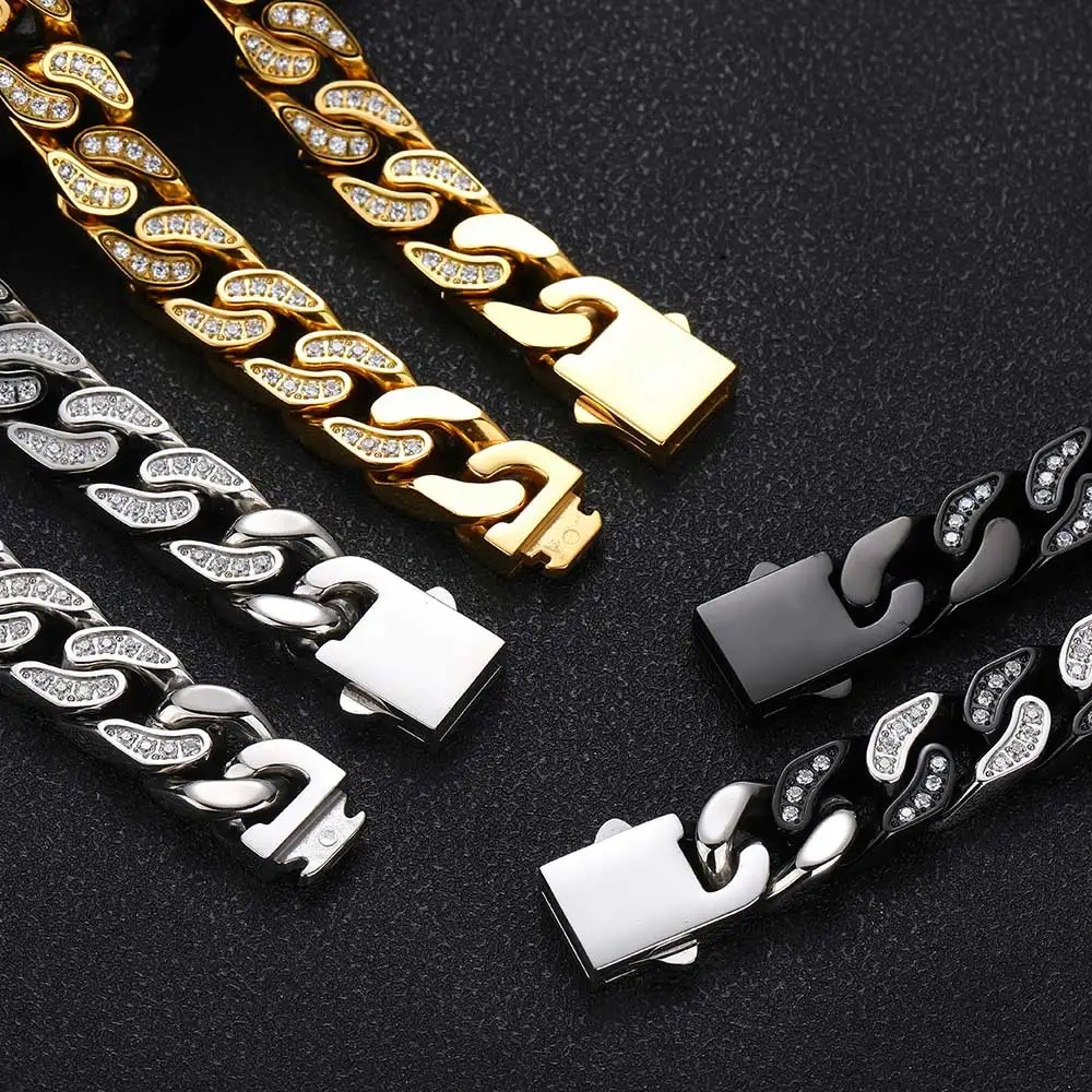 Hip Hop Rock Jewelry Miami Cuban Link Bracelet Stainless Steel CNC Inlaid Bling Ice Out PVD Plated Bracelet For Men
