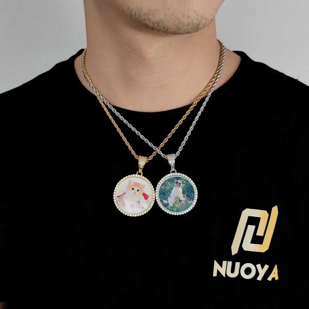 Personalized Photo Medallion Bling Stone Necklace Pendant Custom Memory Picture 35MM Circle Hip Hop Jewelry Pendant
