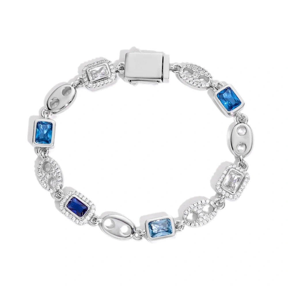ESKEEM Sparkly Royal Blue/Sea Blue Tennis Chain New Iced Diamond Cubic Zirconia Pig Nose Link Necklace for Men Women