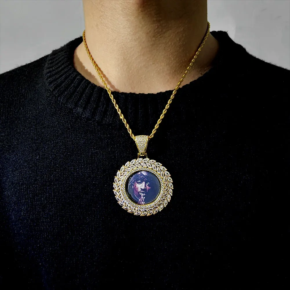 Hip Hop Iced Out Jewelry Picture Custom Pendant Blank Zircon Medallion Photo Necklace Free Item Engraving Logo And Shipping