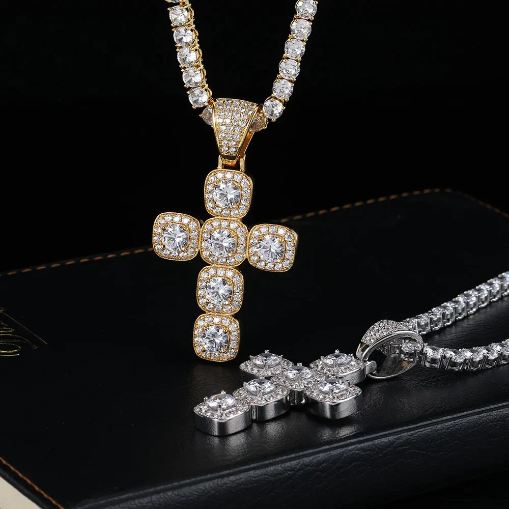 Hip Hop Iced Out Jewelry Big Cluster Tennis Cubic Zirconia CZ Cross Pendants Necklace For Women Drop Shipping