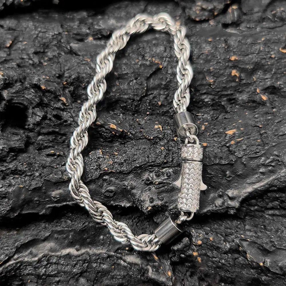 Nuoya New Style 6mm Iced Out Clasp Rope Chain Stainless Steel Twist Rope Chain Bracelet Jewelry For Women