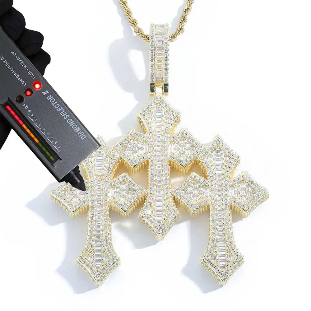 Hip Hop Jewelry VVS Cross Pendant Solid 925 Silver Gold Plated Iced Out Custom Triple Cross Baguette Moissanite Necklace  ﻿
