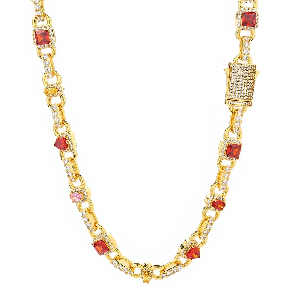 18k Gold Plated Colorful Necklace Elliptical/Square/Heart shaped Red yellow Zircon High Quality Spring ClaspCuban Chain