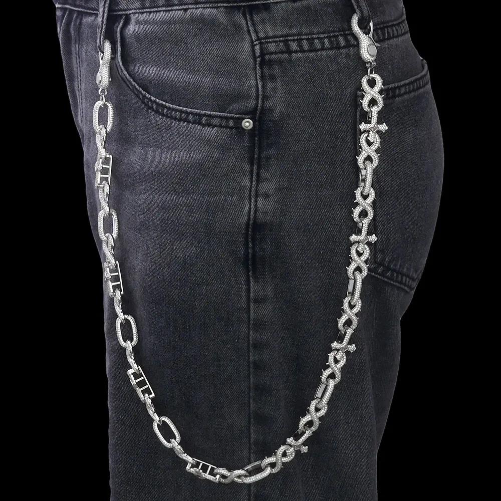 ESKEEM Luxury Silver Plated Hip Hop Pants Chain Shiny Diamond Cross Micro Pave Zircon Spike Infinity Design Chain Jewelry