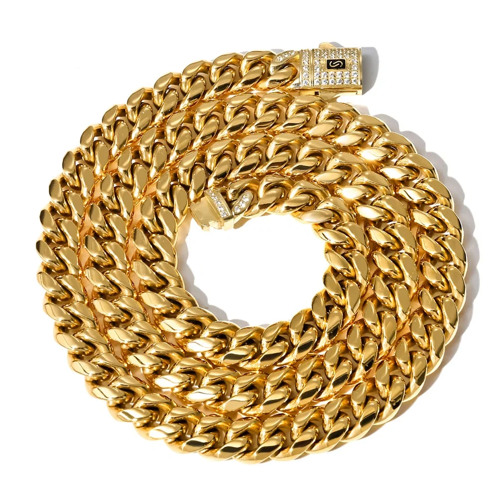 Hip Hop Bling 14k Gold Color Stainless Steel Cuban Miami Necklaces CZ Zircon Spring Lock Monaco Chain for Men Rapper Jewelry