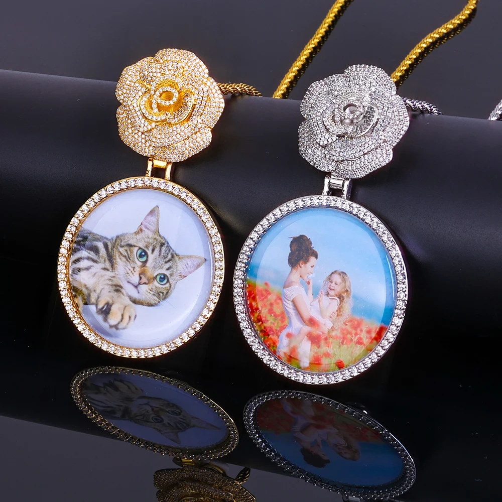 Customizable HipHop Rose Flower Bail Medallion Jewelry Personalized DIY Photo Memory Pendant 45/68mm Circle Picture Chain Gift