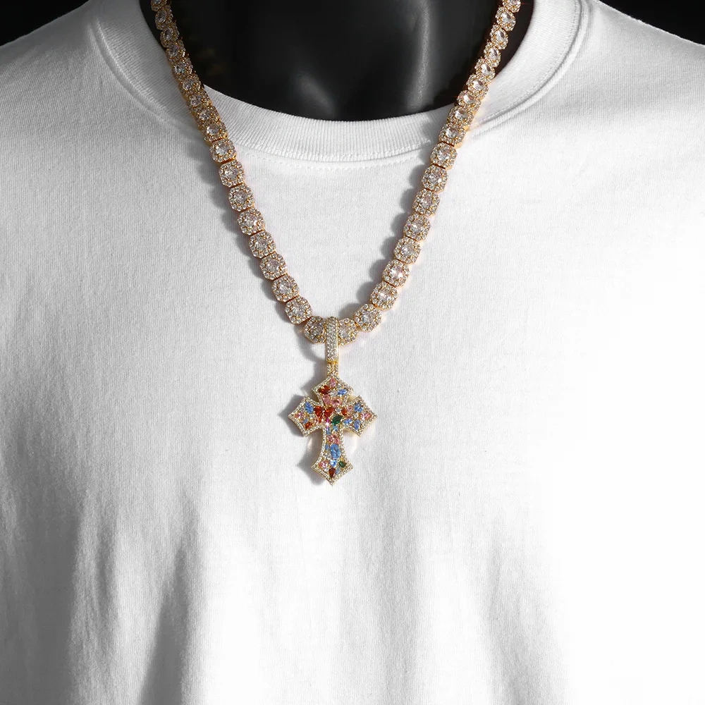 ESKEEM Colorful Cubic Zirconia Iced Out Cross Pendant with Bead Chain High Quality Full Diamond Pendant Hip Hop Fine Jewelry