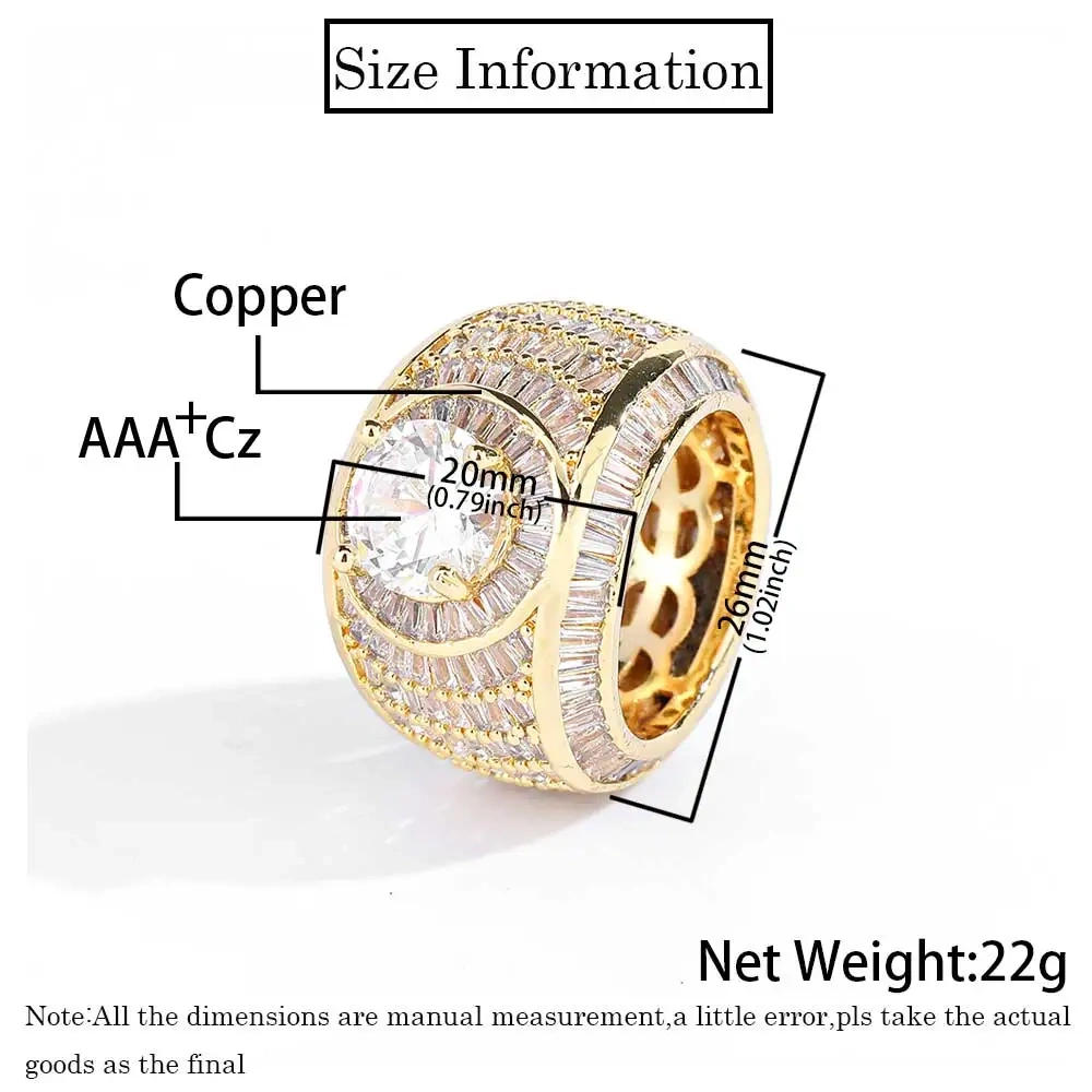 New Hip Hop Claw Setting Big CZ Full Zircons Surface Ring Brass Shiny Rings for Rapper Men