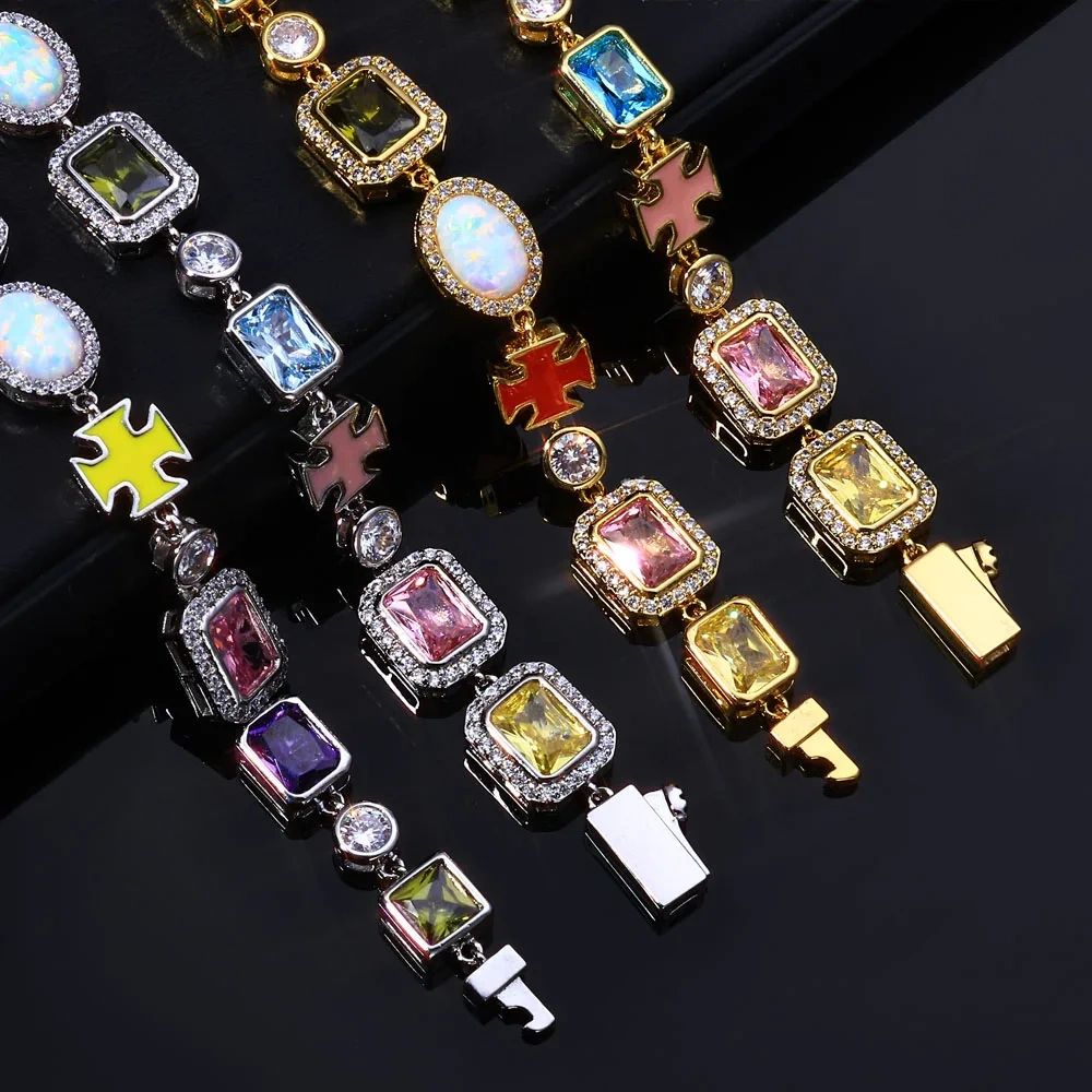 ESKEEM Rainbow CZ Diamond Necklace Multi Color Enamel Cross Design Iced Out Geometric Gemstone Chain Hip Hop Jewelry for Women