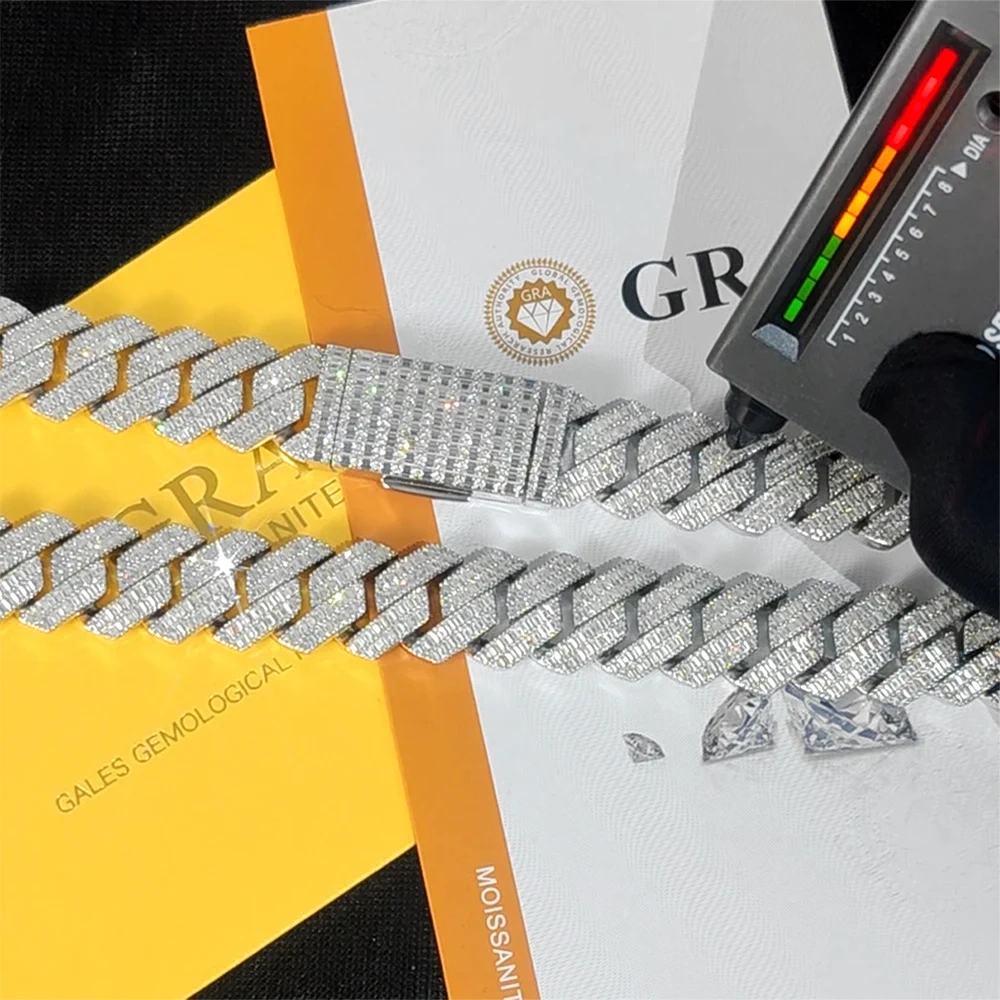 VVS Moissanite 20mm 2 Rows Cuban Chain Rectangle Diamonds 100% 925 Silver Cuban Necklace with GRA Certificate Jewelry