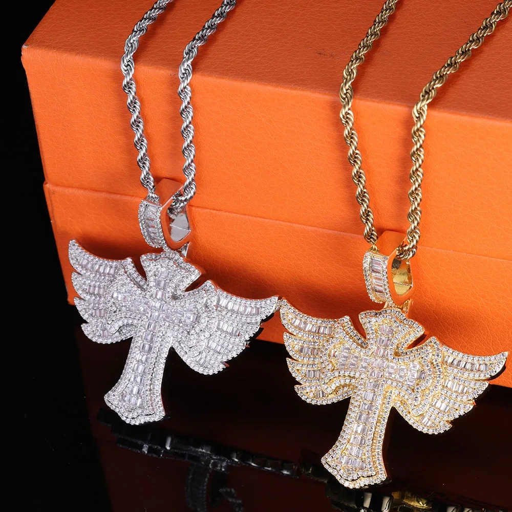 ESKEEM Angel Wings Cross with Diamond Pendant Fashion Personalized Trendy 5A Cubic Zirconia CZ Cross Necklace Hip Hop Jewelry