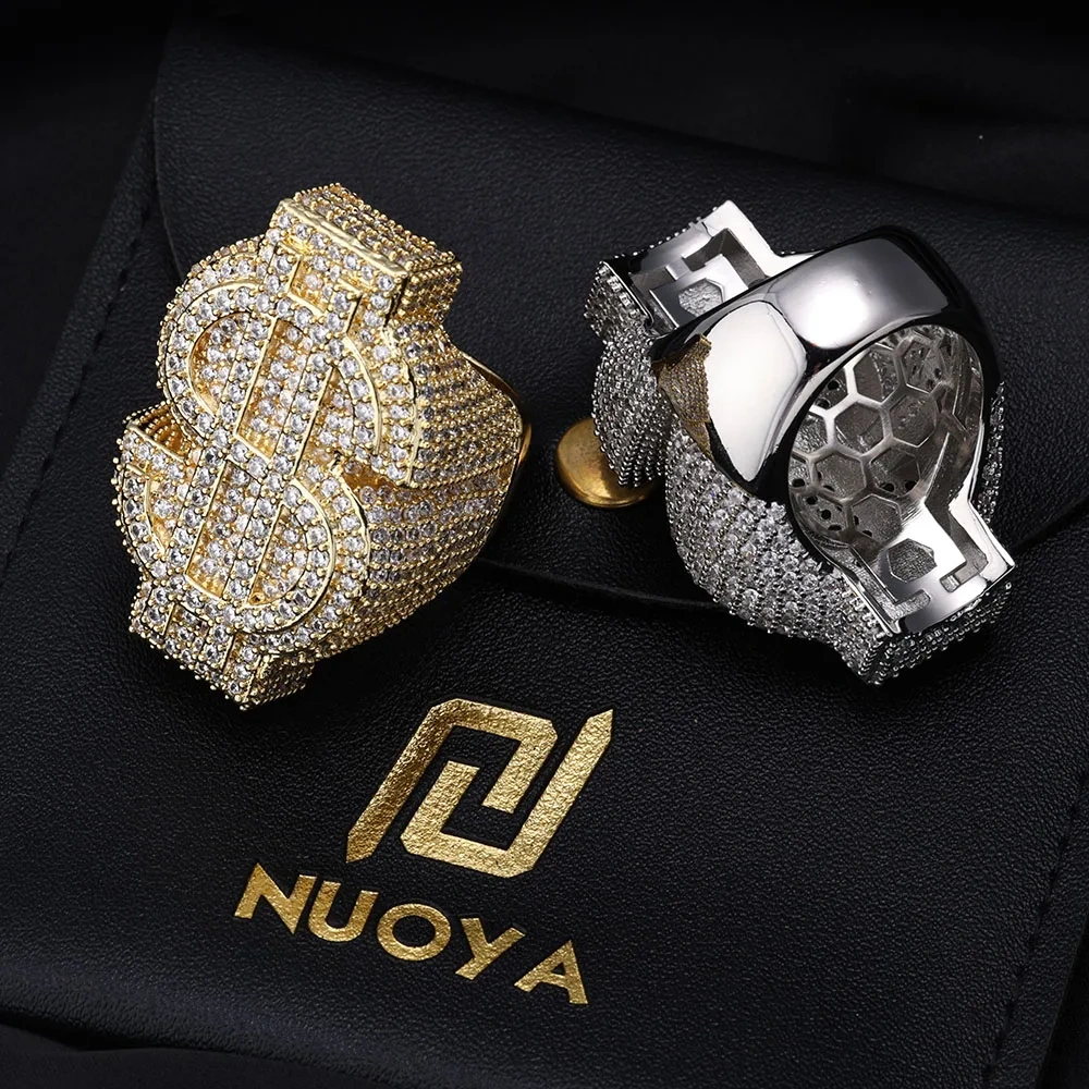 Hip Hop Full Ice Out $ Ring Copper With Zircon Money Big $ Sign Cut 18k Gold Plated Ring For Women Men Party Gift Drop Shipping