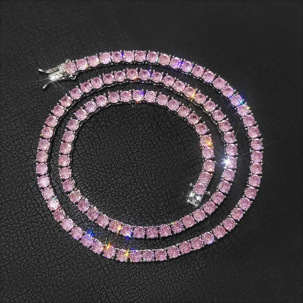 Hip Hop Bling Iced Out Tennis Chain Mens Women 4mm 1 Rows Custom Green Pink Jewelry Cubic  Zirconia Tennis Chain Necklace