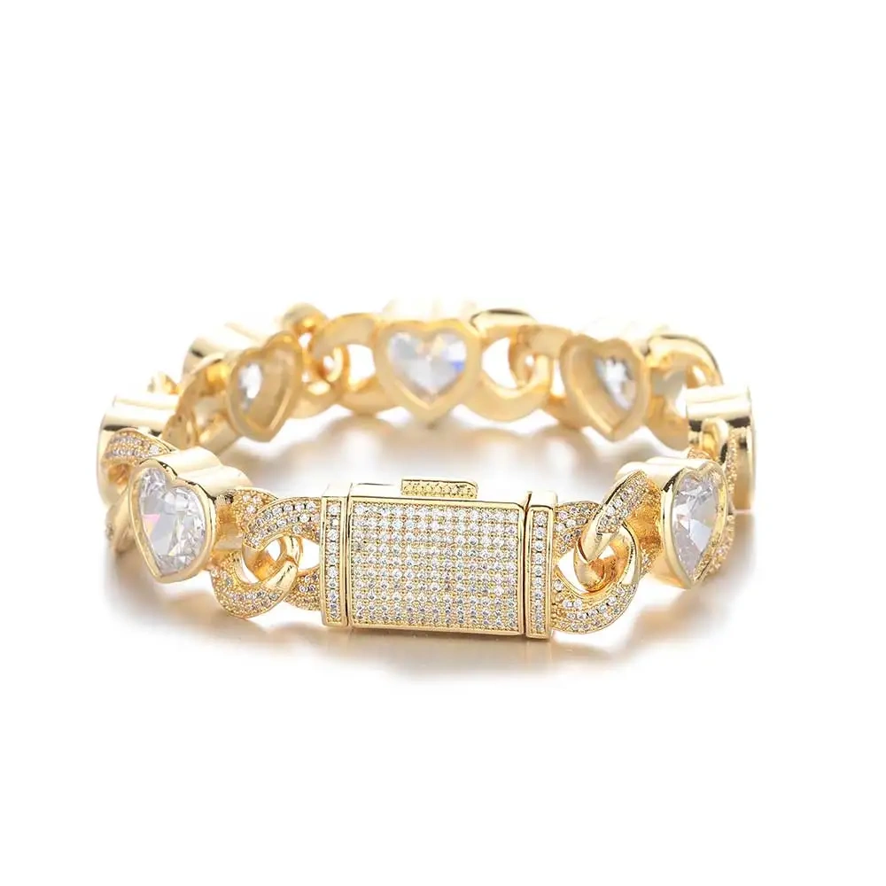 12MM CZ Miami Large Iced Out Heart Shape Cuban Link Chain Bling Hip Hop Rapper Heart Cuban Link Choker Necklace Women