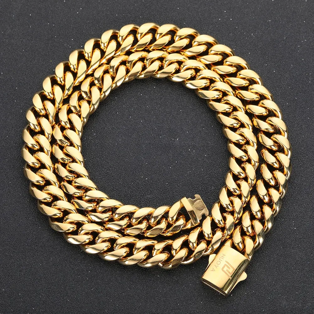 Hip Hop PVD Plated Stainless Steel Cuban Necklace with Snap Clasp Men Miami Cuban Link Chain Jewelry For Girls Free Laser Logo