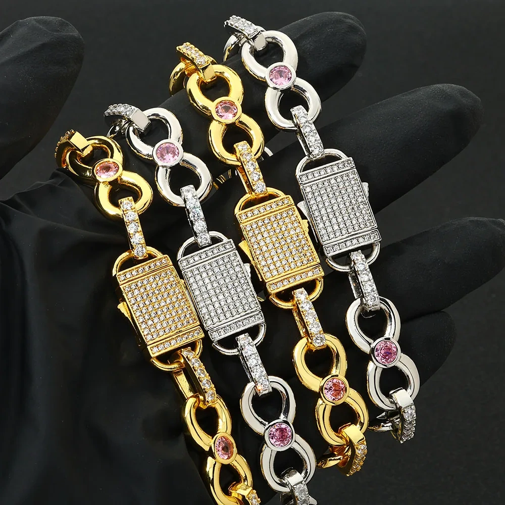 12MM Gold Plated CZ Zircon Diamond Link Chain Hip Hop Brass Metal Pink Stone Charm Cuban Link Chains for Women