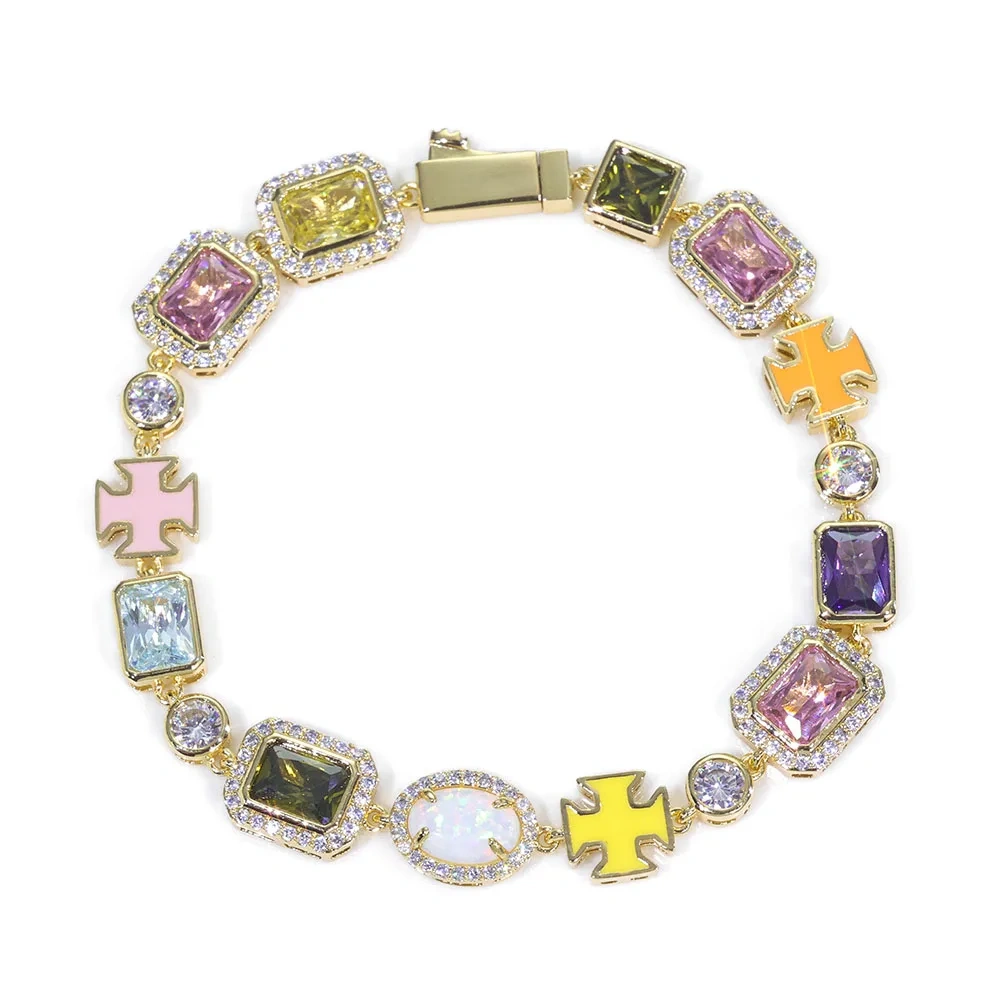 ESKEEM 10mm Pink/yellow/Bluw Multi Color Enamel Bling Cz Stone Chain Cross Geometric Gemstone Motif Iced Out Opal Chain Necklace