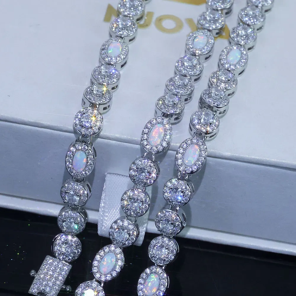 Hip Hop Tennis Moissanite Chain Necklace 925 Sterling Silver White Vvs Moissanite&Flame Opal Tennis Chain Fine Jewelry