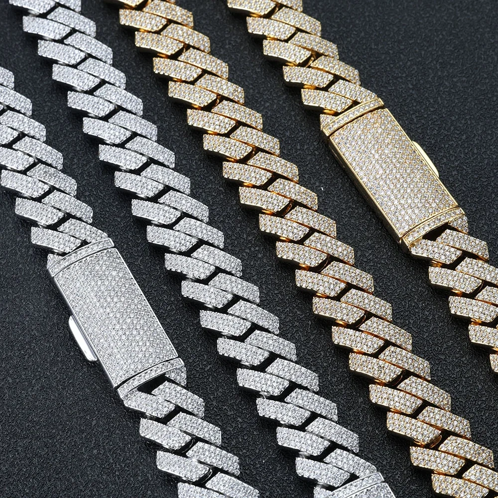 Hip Hop Jewelry Iced Out 5A CZ Diamond Cuban Necklace 16MM 3 Rows Prong Setting Cuban Link Chain Long Buckle Necklace Men