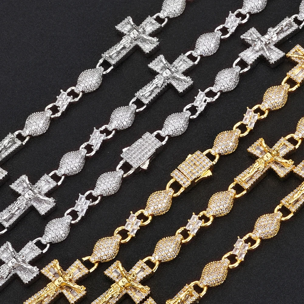 ESKEEM Mens Party Hip Hop Jewelry Gold Silver Plated Baguette Zircon Iced Out Lab Diamond Cross Infinity Cuban Link Necklace