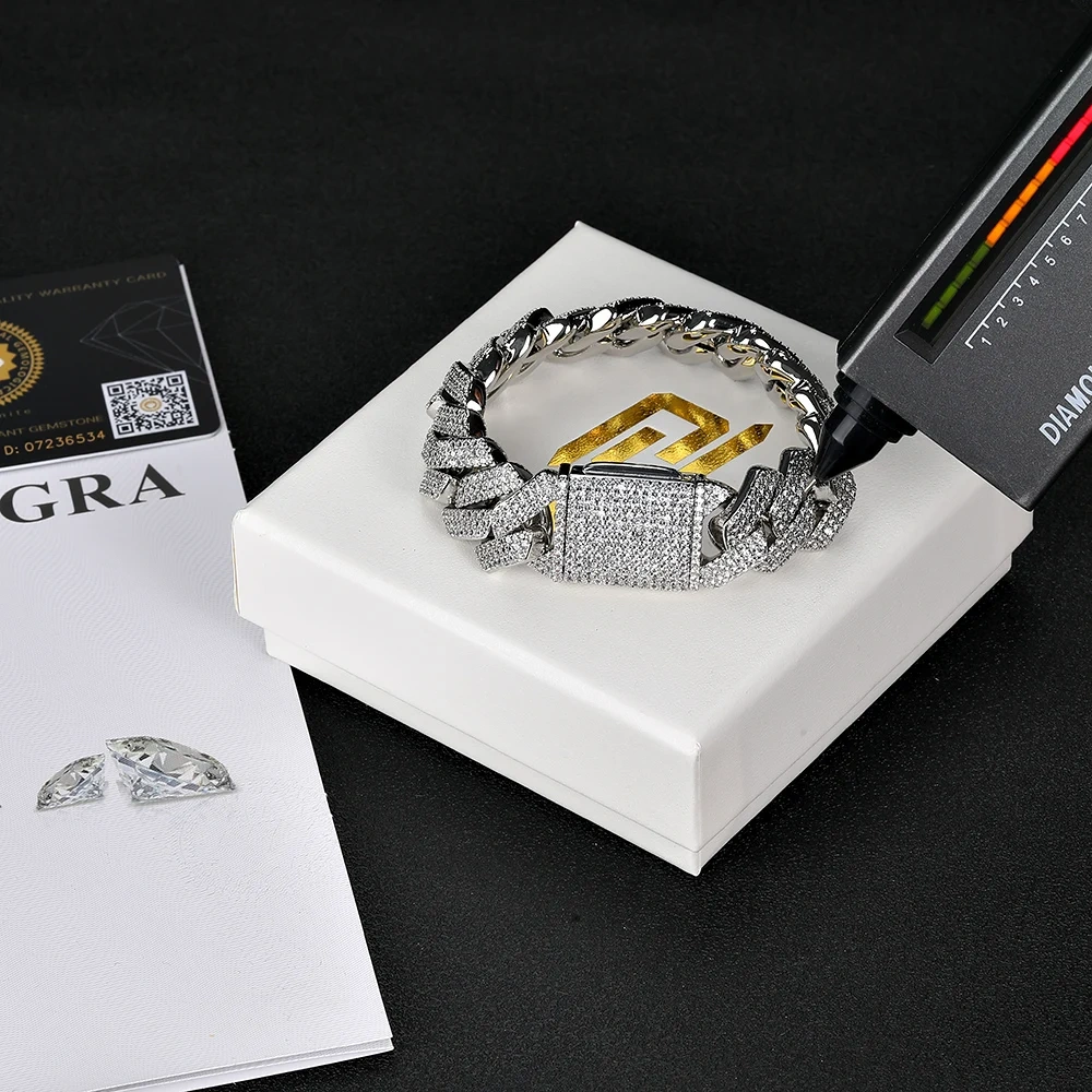8/10/15/20mm Miami Hip Hop Jewelry Pass VVS Stone Shiny 925 Sterling Silver Bracelet Moissanite Cuban Link Chain For Men