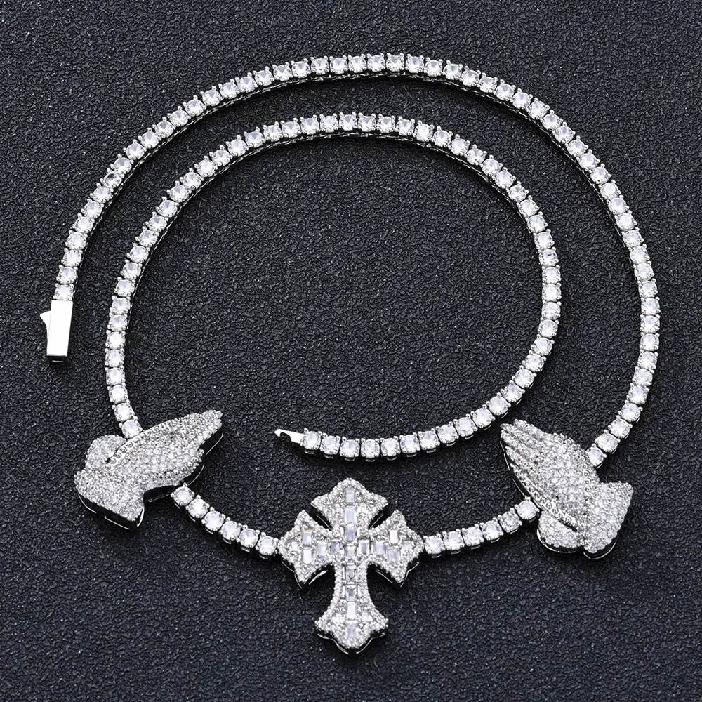 ESKEEM Hip Hop Cross Tennis Necklace High Quality Sparkling 5A Cubic Zirconia Praying Hand Cross Charm Tennis Chain Dropshipping