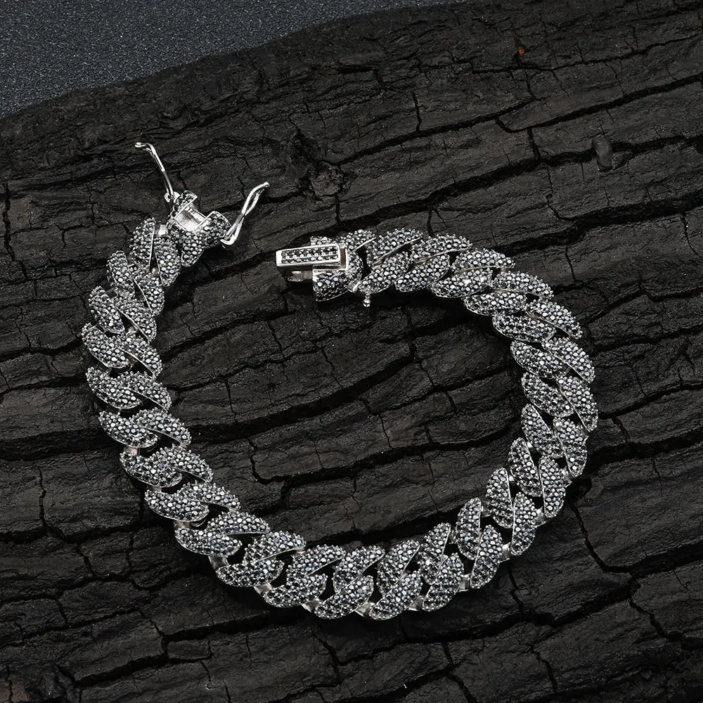 Custom 12mm 3 Rows S925 Sterling Silver VVS Diamond Necklace Iced Black/White Moissanite Cuban Link Chain for Men Gift
