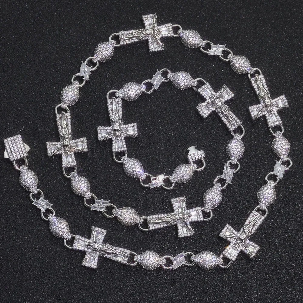 Custom Cross Iced Out Diamond Rosary Ball Link Chain Hip Hop Jewelry  Paved Baguette Cubic Zirconia Necklace Women Men