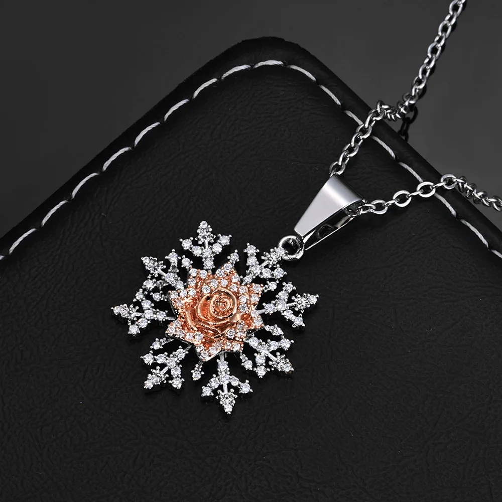 ESKEEM Fashion Christmas Jewelry Sparkling Snowflake Pendant With Roses Flowers Full Diamond Pendant Necklace Jewelry Present