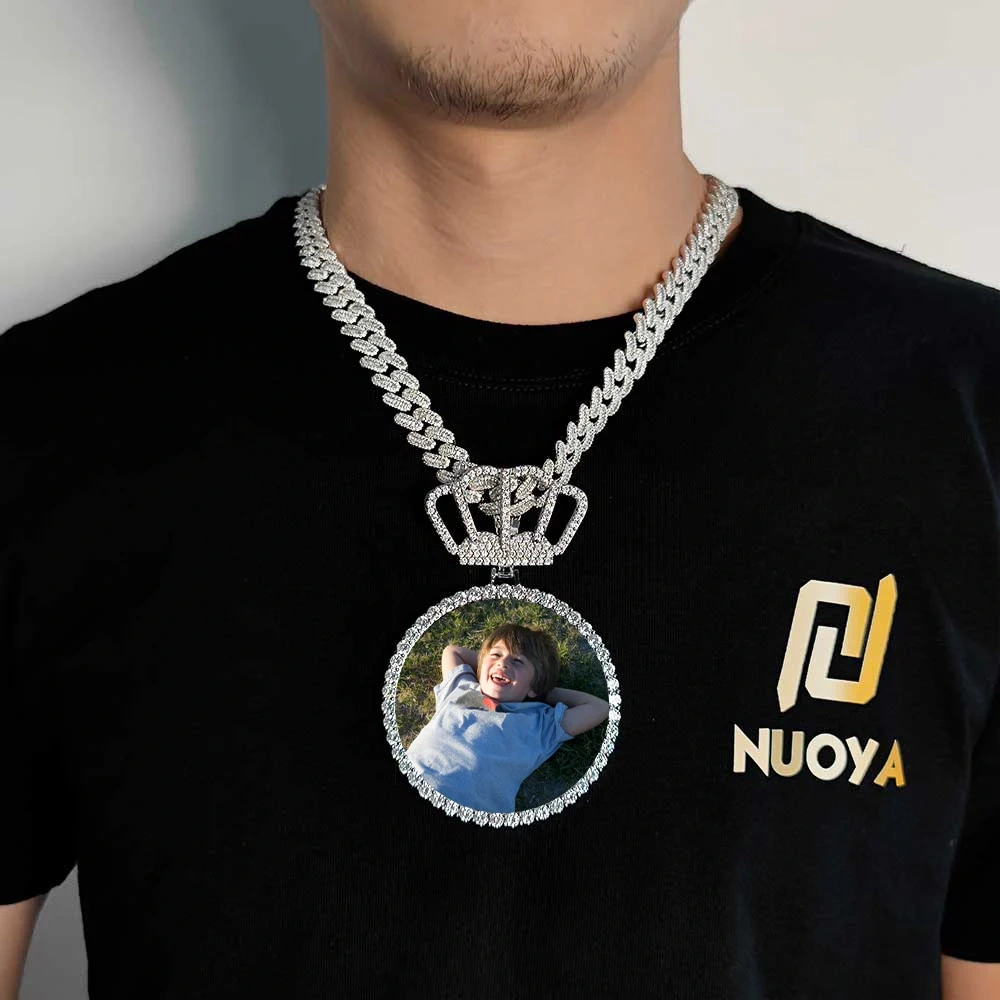 Hip Hop Jewelry New Arrival Crown Hook Custom Photo Pendant Memory Gift 70MM Big Round Custom Picture Pendant Necklace