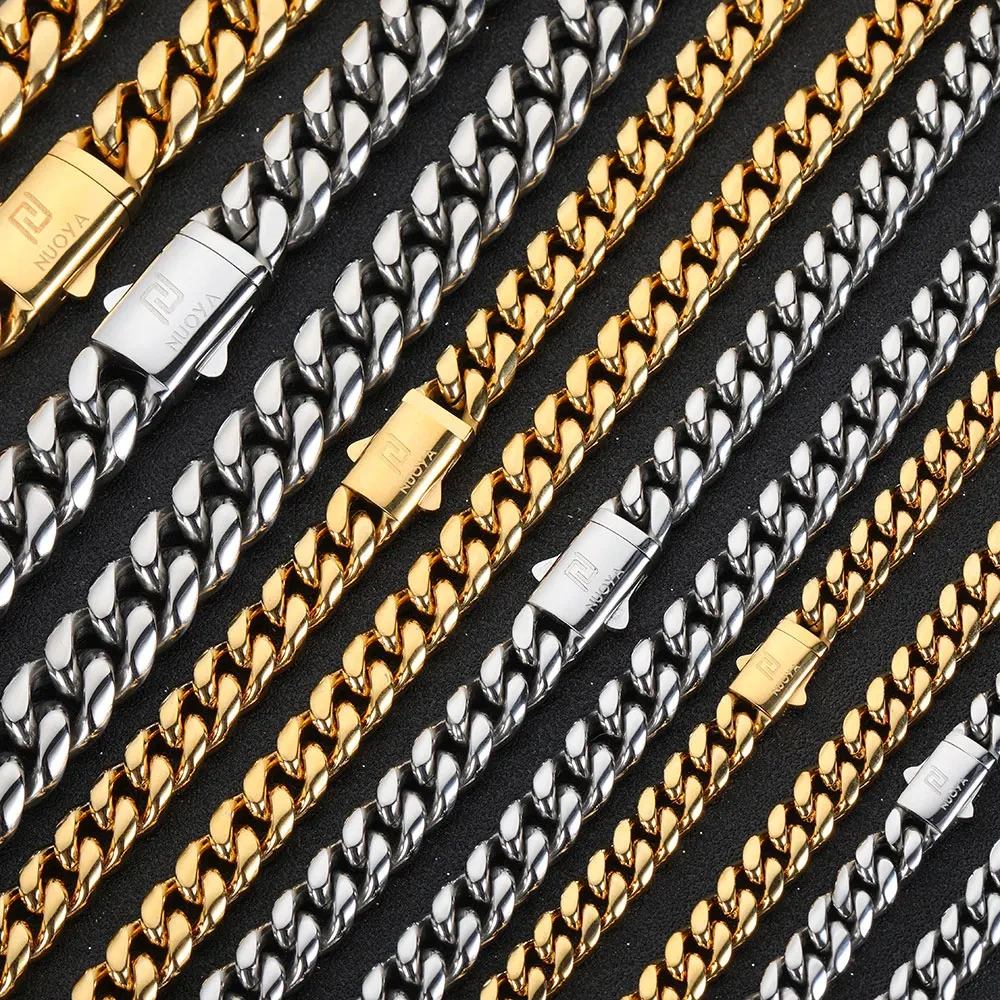 Hip Hop PVD Plated Stainless Steel Cuban Necklace with Snap Clasp Men Miami Cuban Link Chain Jewelry For Girls Free Laser Logo