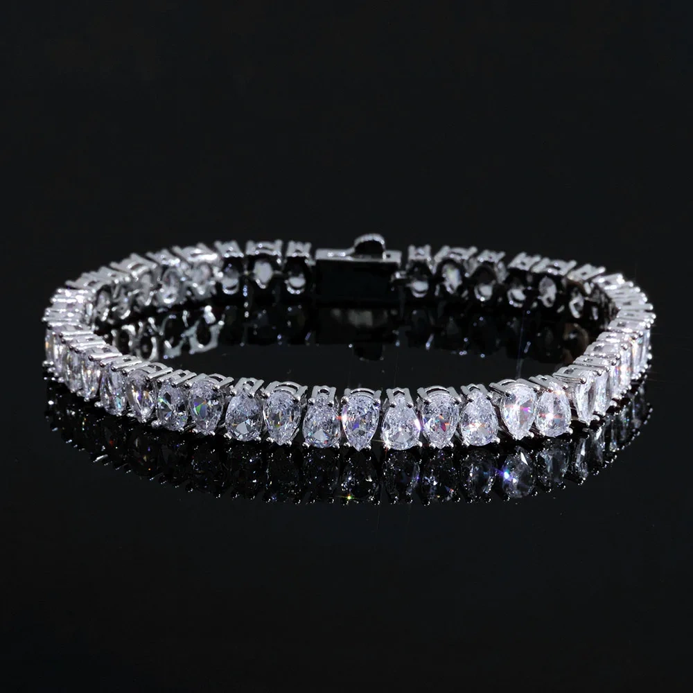 ESKEEM Sparkling CZ Tennis Bracelet for Women Silver Plated Iced Out Teardrop Shaped Design Hip Hop Fine Jewelry Gift for Women