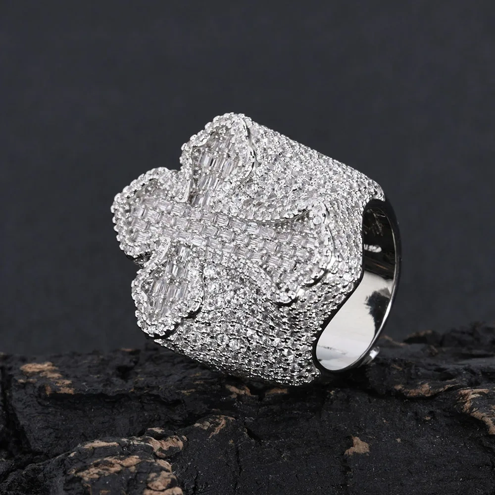 Hip Hop Jewelry Fashion Style Cross Cuban Ring for Men Bling Iced Out Round&T-shaped Diamond Cross Ring Party Gift