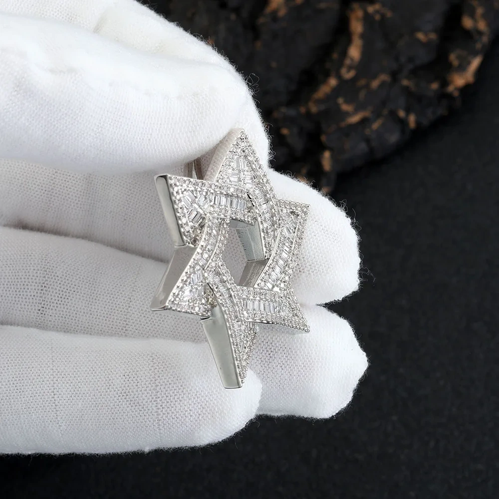 Hot Sale Hip Hop Iced Out Shiny Hexagram Pendant T Shape Zircon Stars Pendant for Men Women Street Style Jewelry