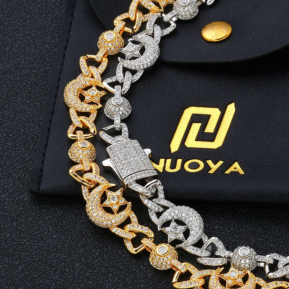 Hip Hop Iced Out CZ Necklace Sparkling Luxury Moon and Star Special Design Party Cuban Chain Jewelry For Men Women Gift