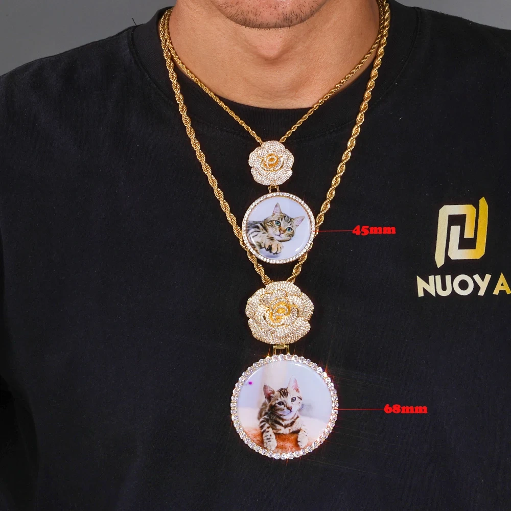 Customizable HipHop Rose Flower Bail Medallion Jewelry Personalized DIY Photo Memory Pendant 45/68mm Circle Picture Chain Gift