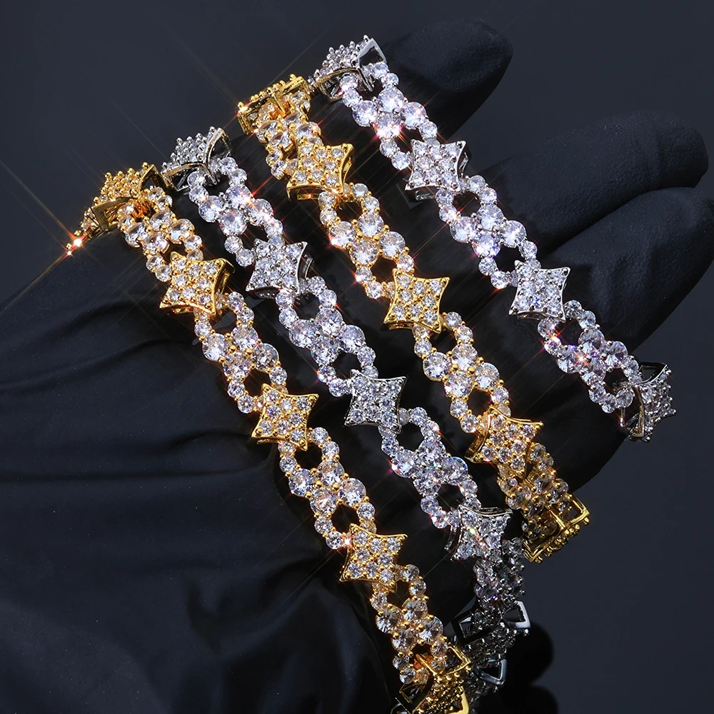 ESKEEM Spring Lock Clasp Bracelet Iced Out Zircon Four Pointed Star Infinity Design Bling Hip Hop Fine Jewelry