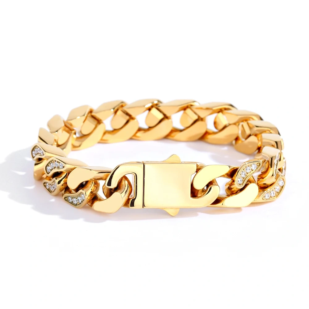 Hip Hop Rock Jewelry Miami Cuban Link Bracelet Stainless Steel CNC Inlaid Bling Ice Out PVD Plated Bracelet For Men