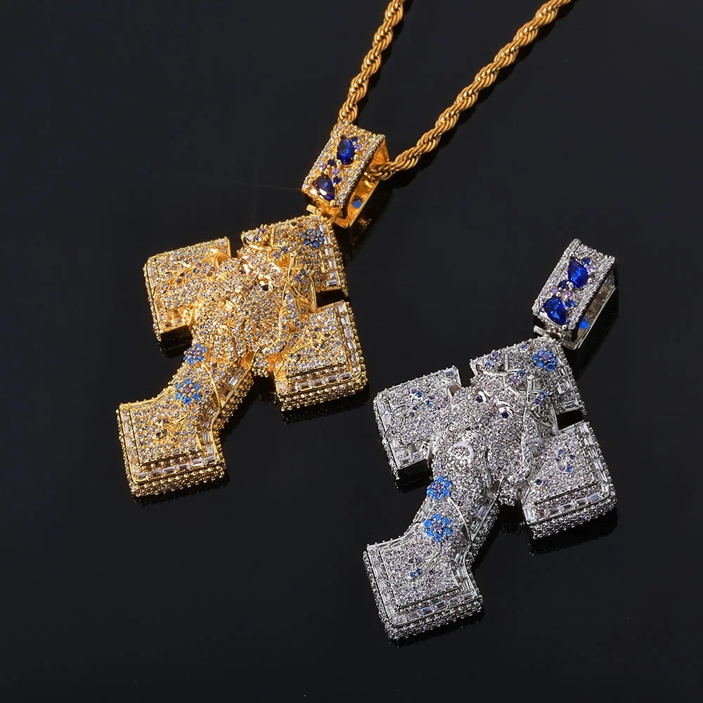 ESKEEM Micro Paved Barbed Wire Iced Jesus Cross Pendant Hip Hop Men Colorful Jesus Head with Vine Cross Charm Necklace