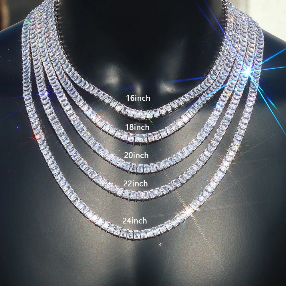 Hip Hop 6mm Iced Out Tennis Chain Necklace New Brass CZ Bling Rectangular Zircon Tennis Necklace Men Women's Drop Shipping