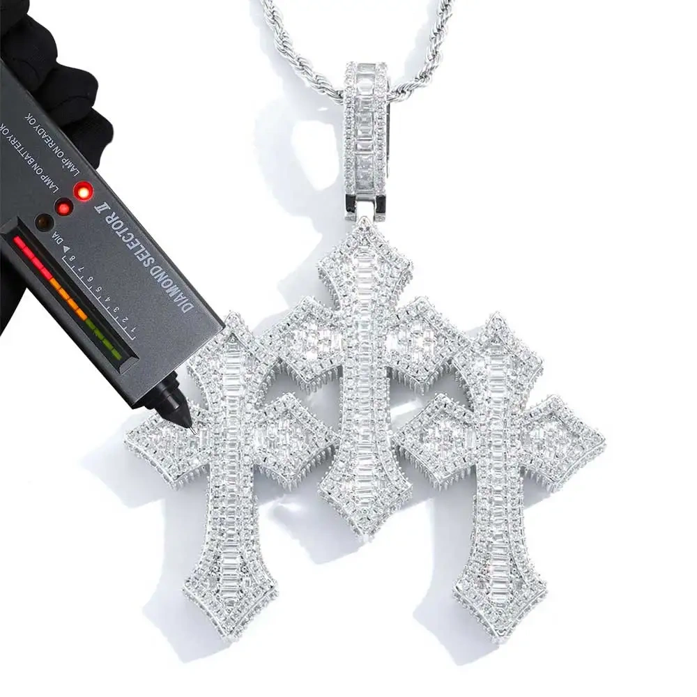 Hip Hop Jewelry VVS Cross Pendant Solid 925 Silver Gold Plated Iced Out Custom Triple Cross Baguette Moissanite Necklace  ﻿