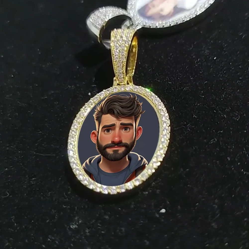 Hip Hop Iced Out DIY Photo Frame CZ Pendant Custom Ellipse Picture Pendant Necklace Personalized Women Men Rapper Jewelry