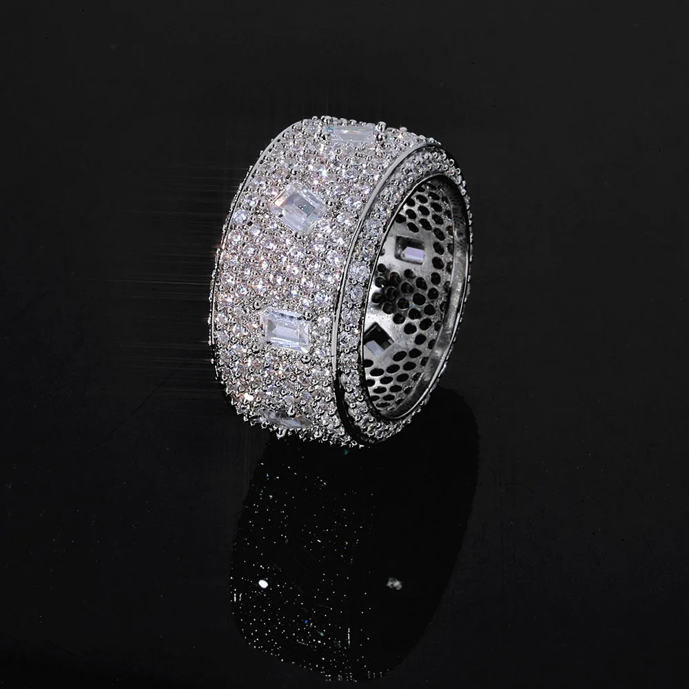 Hip Hop Fine Jewelry Fancy Shape Band Iced Out Cubic Zirconia Ring Emerald Championship Ring  Men