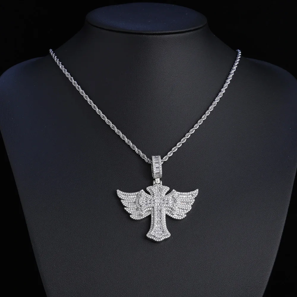 New 925 Sterling Silver Wings Cross Pendant Inlaid With VVS Moissanite Diamond Popular Hip-hop Cross Necklace Jewelry