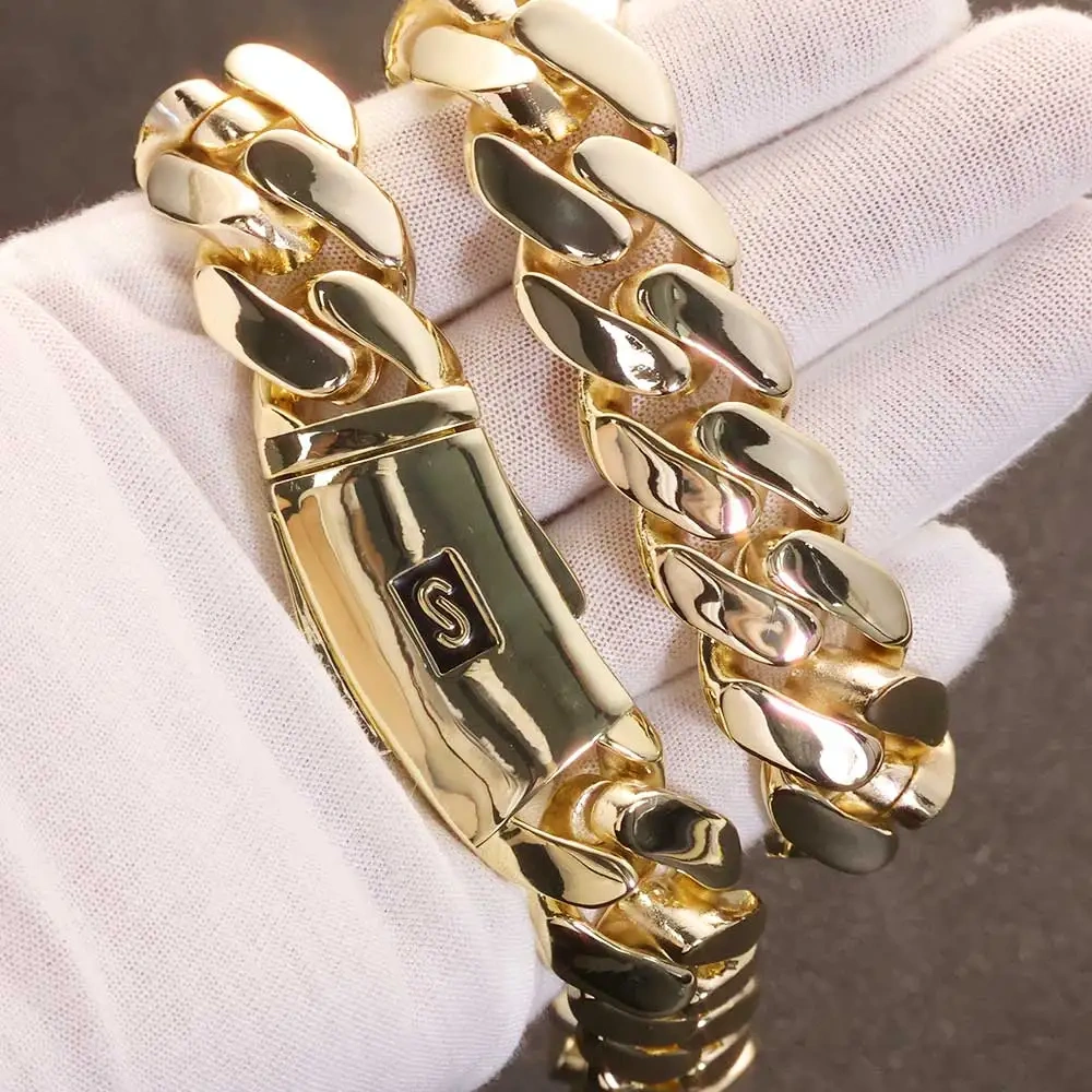 ESKEEM 20MM Monaco Bracelet Hip Hop Jewelry 14K Gold Plated Smooth Lock Bracelet Heavy Miami Cuban Chain for Men Women